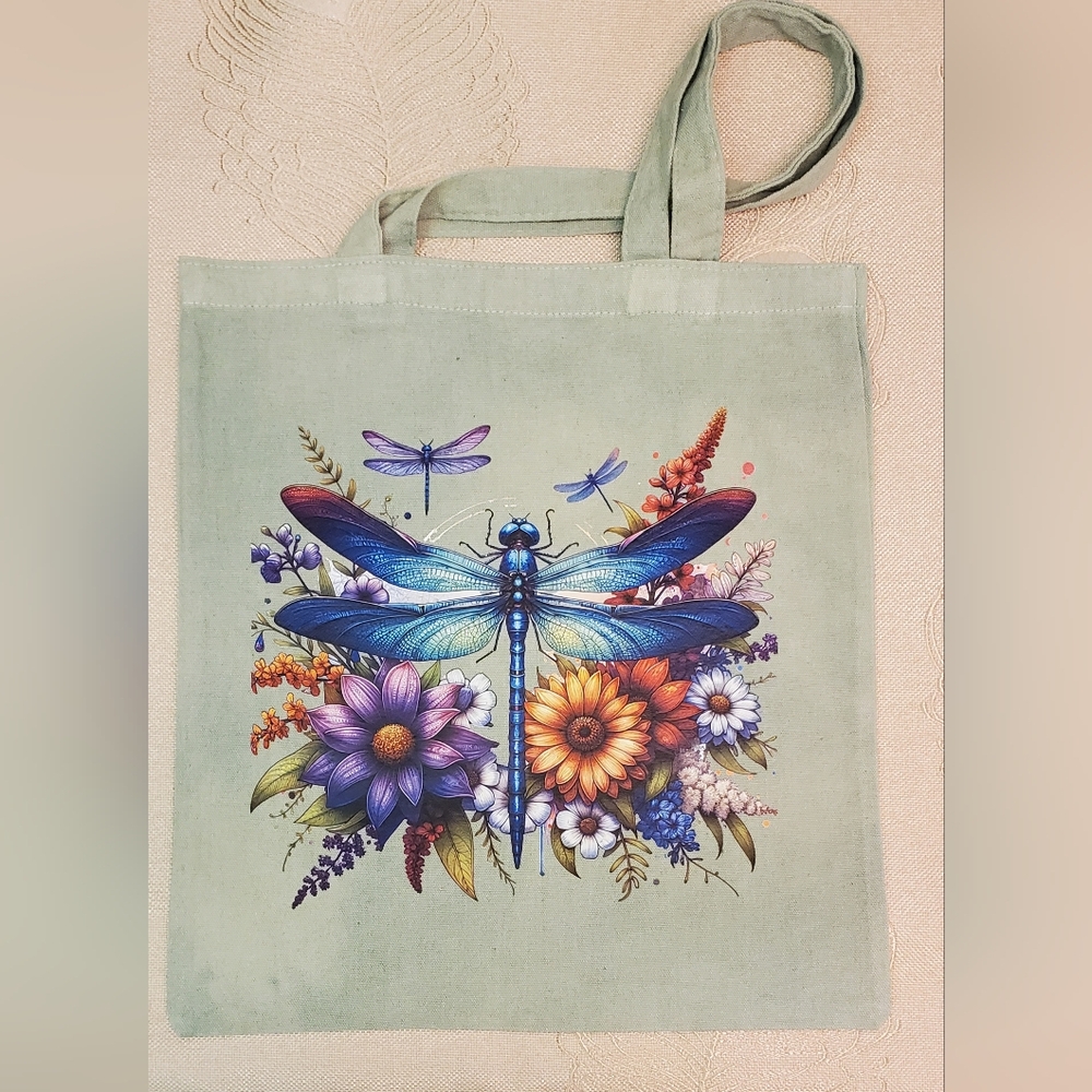 🪻3/$25 Vibrant Canvas Tote Bag Dragonfly and Floral Design Green Custom